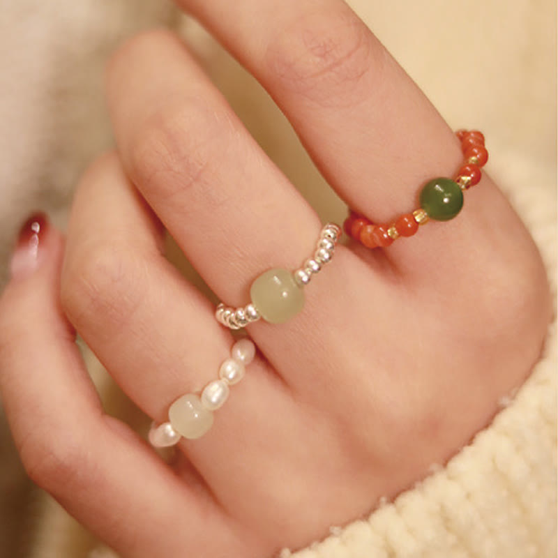Fortune Jewel 925 Sterling Silver Natural Small Hetian Jade Red Agate Pearl Bead Prosperity Elastic Ring