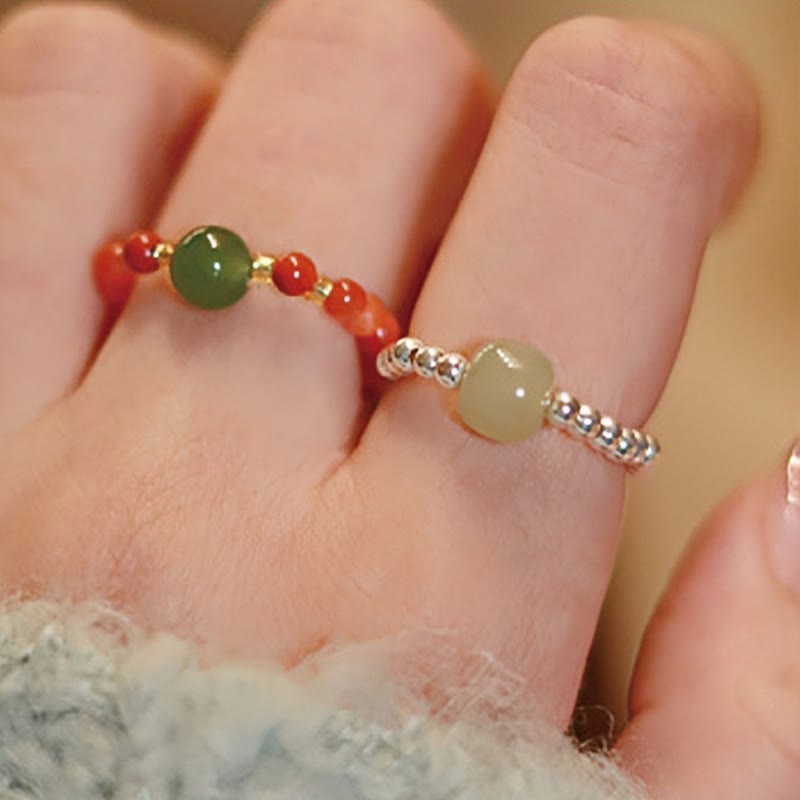Fortune Jewel 925 Sterling Silver Natural Small Hetian Jade Red Agate Pearl Bead Prosperity Elastic Ring