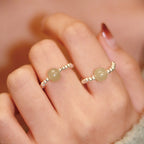 Fortune Jewel 925 Sterling Silver Natural Small Hetian Jade Red Agate Pearl Bead Prosperity Elastic Ring