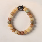 Fortune Jewel Bodhi Seed Om Mani Padme Hum Carved Silver Sheen Obsidian Cat Head Wisdom Bracelet