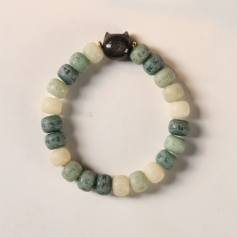 Fortune Jewel Bodhi Seed Om Mani Padme Hum Carved Silver Sheen Obsidian Cat Head Wisdom Bracelet