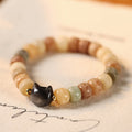 Fortune Jewel Bodhi Seed Om Mani Padme Hum Carved Silver Sheen Obsidian Cat Head Wisdom Bracelet