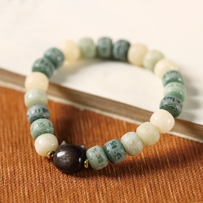 Fortune Jewel Bodhi Seed Om Mani Padme Hum Carved Silver Sheen Obsidian Cat Head Wisdom Bracelet