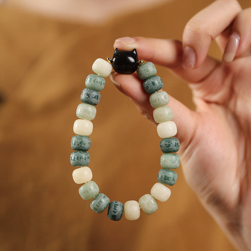 Fortune Jewel Bodhi Seed Om Mani Padme Hum Carved Silver Sheen Obsidian Cat Head Wisdom Bracelet