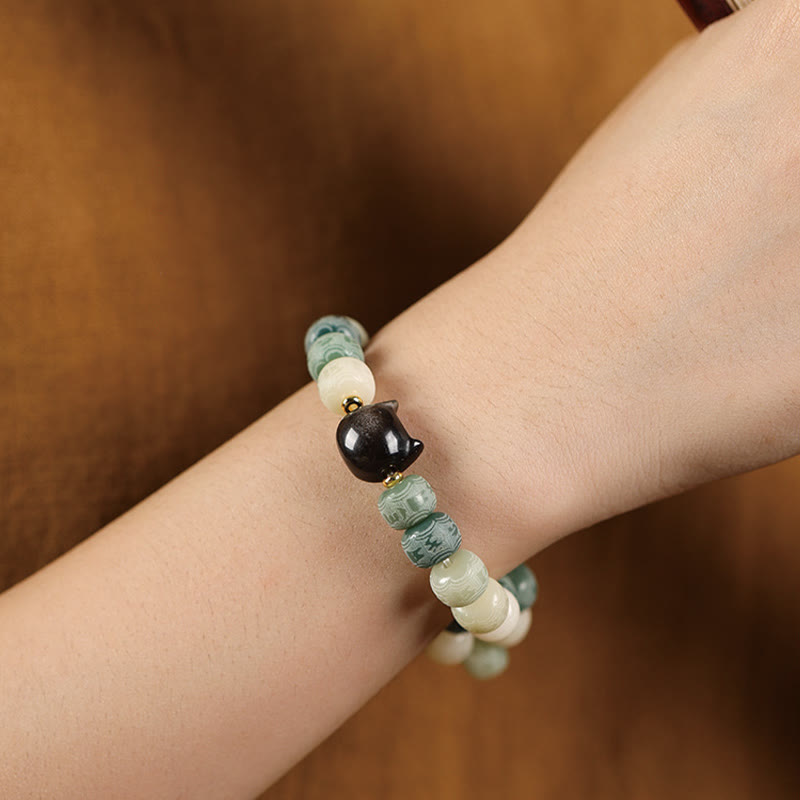 Fortune Jewel Bodhi Seed Om Mani Padme Hum Carved Silver Sheen Obsidian Cat Head Wisdom Bracelet