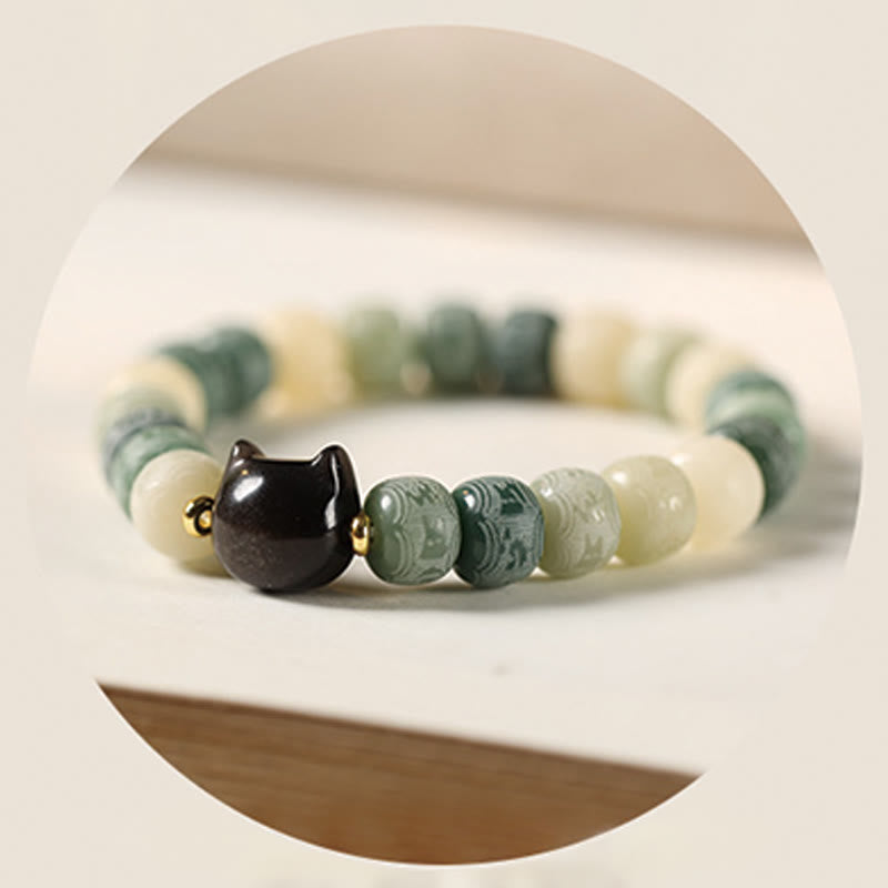 Fortune Jewel Bodhi Seed Om Mani Padme Hum Carved Silver Sheen Obsidian Cat Head Wisdom Bracelet