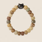 Fortune Jewel Bodhi Seed Om Mani Padme Hum Carved Silver Sheen Obsidian Cat Head Wisdom Bracelet