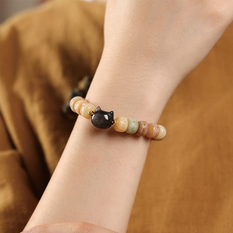 Fortune Jewel Bodhi Seed Om Mani Padme Hum Carved Silver Sheen Obsidian Cat Head Wisdom Bracelet