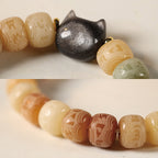 Fortune Jewel Bodhi Seed Om Mani Padme Hum Carved Silver Sheen Obsidian Cat Head Wisdom Bracelet
