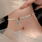 Fortune Jewel 925 Sterling Silver Small Beads Red Agate Peace And Joy Blessing Anklet