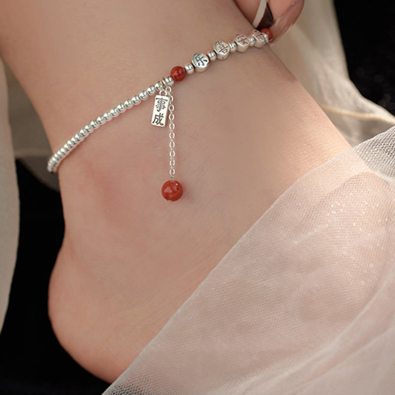 Fortune Jewel 925 Sterling Silver Small Beads Red Agate Peace And Joy Blessing Anklet