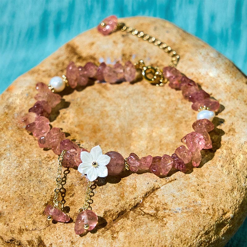 Fortune Jewel Natural Strawberry Quartz Green Strawberry Quartz Super Seven Crystal Flower Healing Bracelet