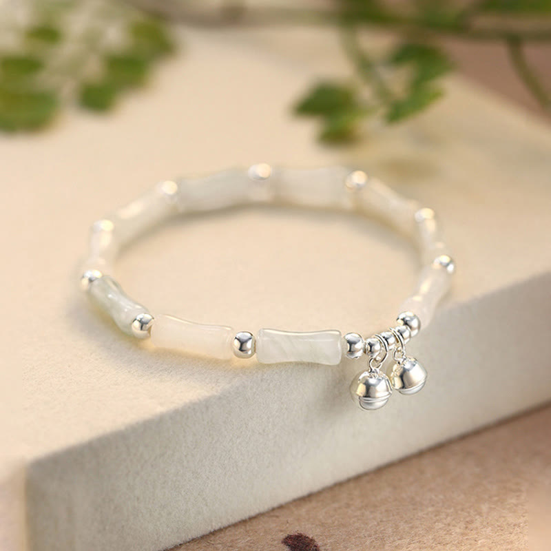 Fortune Jewel 925 Sterling Silver Natural White Jade Bamboo Bell Charm Luck Happiness Bracelet
