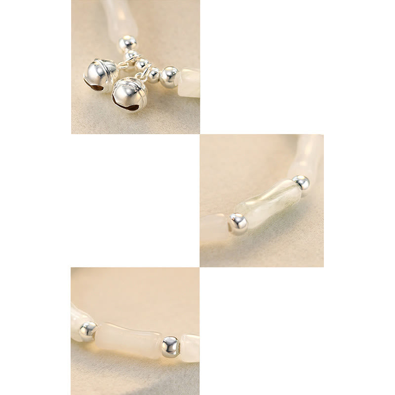 Fortune Jewel 925 Sterling Silver Natural White Jade Bamboo Bell Charm Luck Happiness Bracelet