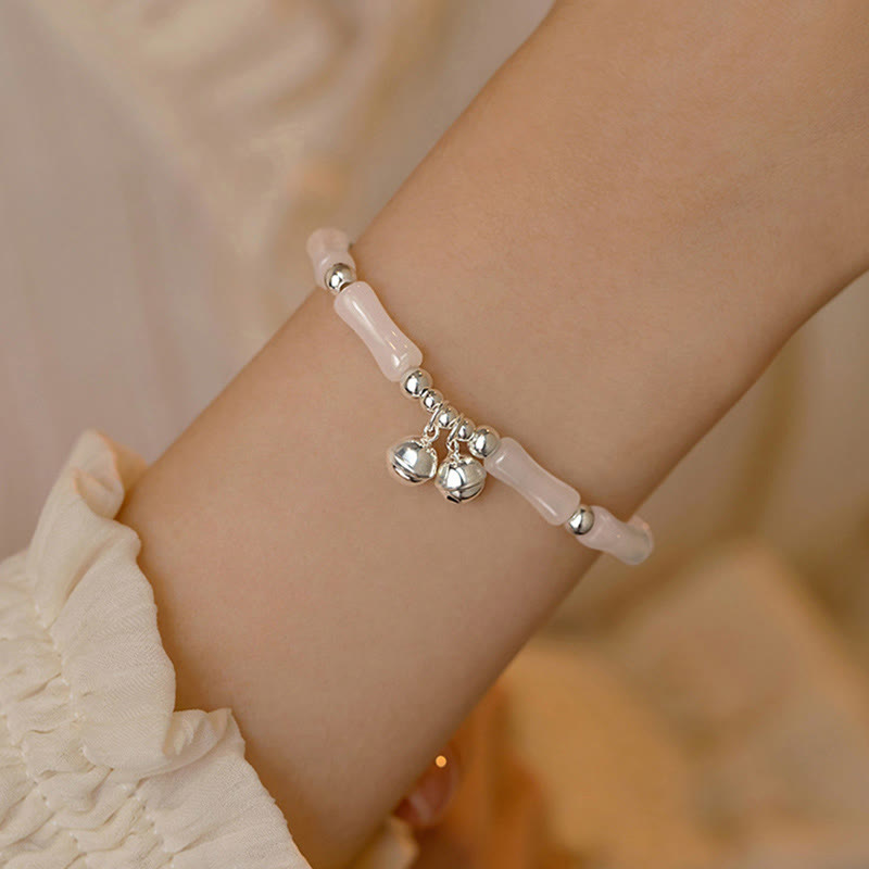 Fortune Jewel 925 Sterling Silver Natural White Jade Bamboo Bell Charm Luck Happiness Bracelet