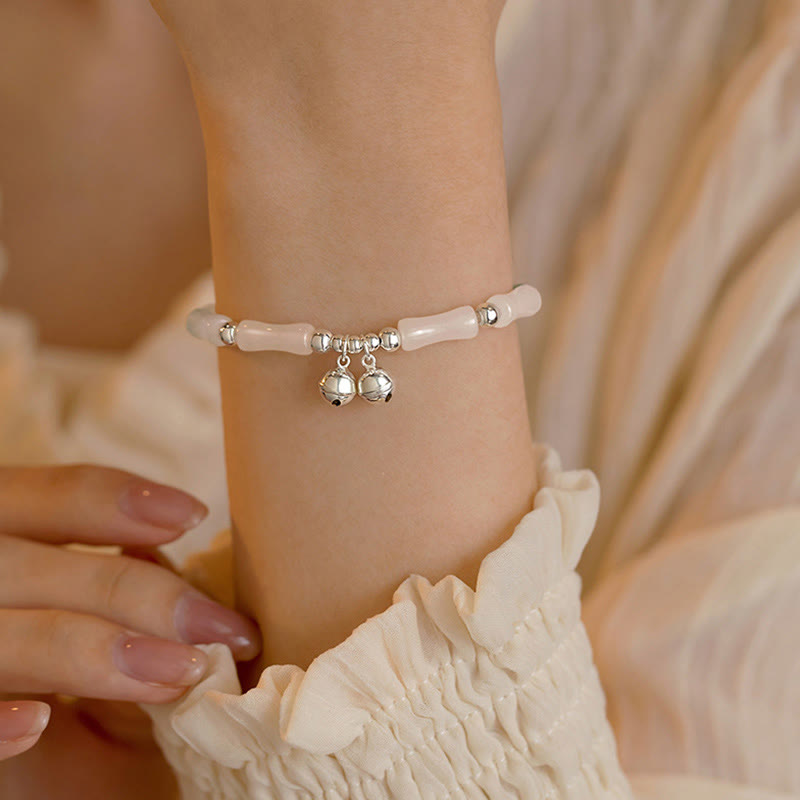Fortune Jewel 925 Sterling Silver Natural White Jade Bamboo Bell Charm Luck Happiness Bracelet