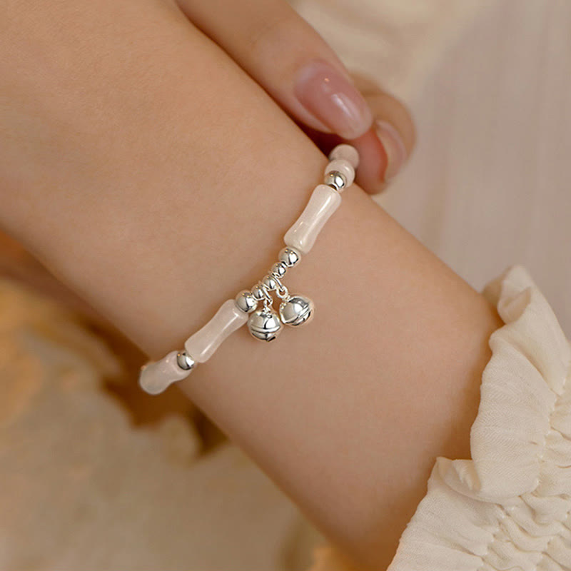 Fortune Jewel 925 Sterling Silver Natural White Jade Bamboo Bell Charm Luck Happiness Bracelet