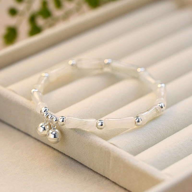 Fortune Jewel 925 Sterling Silver Natural White Jade Bamboo Bell Charm Luck Happiness Bracelet