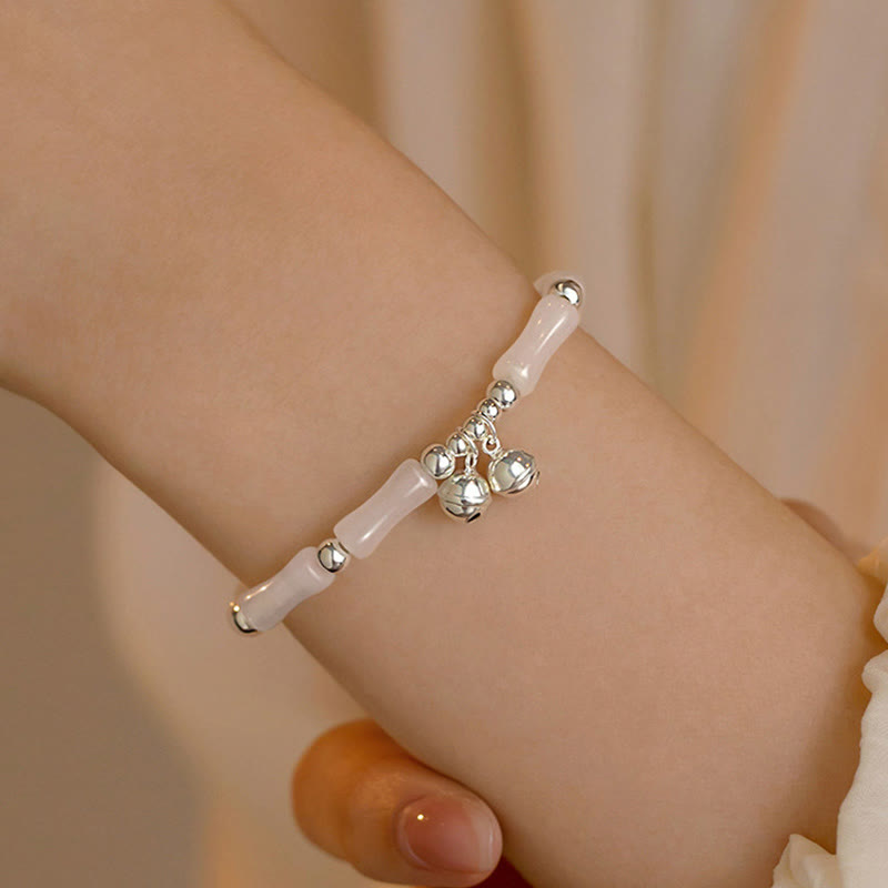 Fortune Jewel 925 Sterling Silver Natural White Jade Bamboo Bell Charm Luck Happiness Bracelet