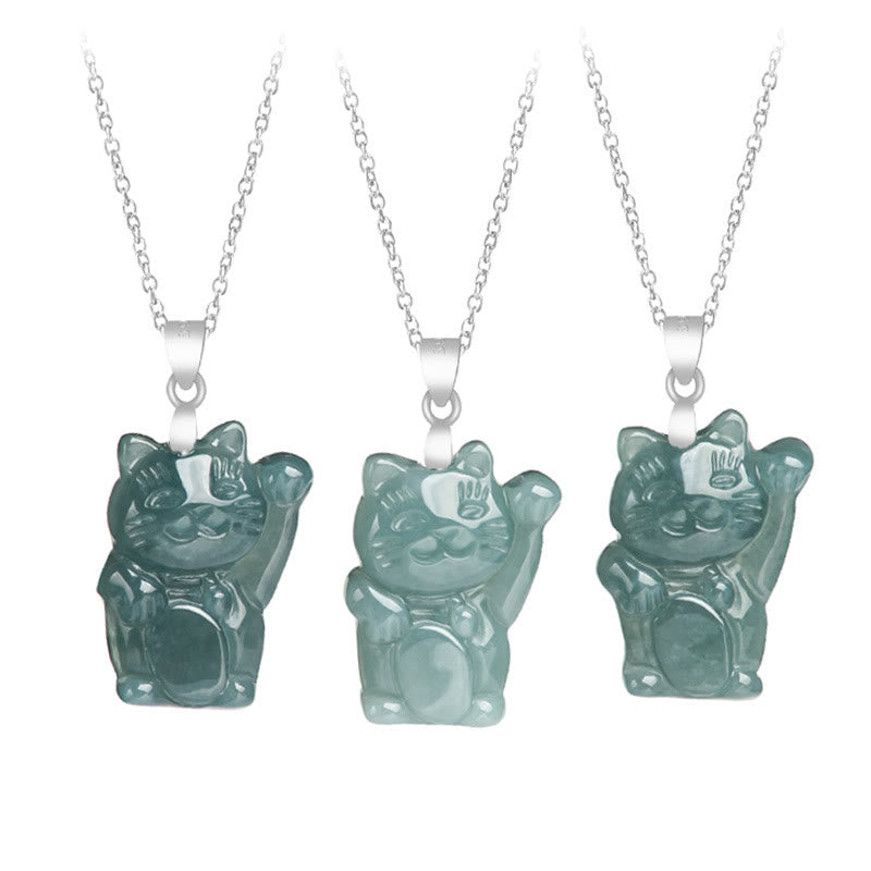 Fortune Jewel Natural Jade Lucky Cat Abundance Titanium Steel Necklace Pendant