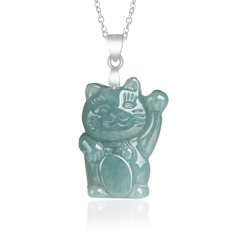 Fortune Jewel Natural Jade Lucky Cat Abundance Titanium Steel Necklace Pendant
