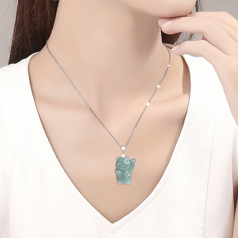Fortune Jewel Natural Jade Lucky Cat Abundance Titanium Steel Necklace Pendant