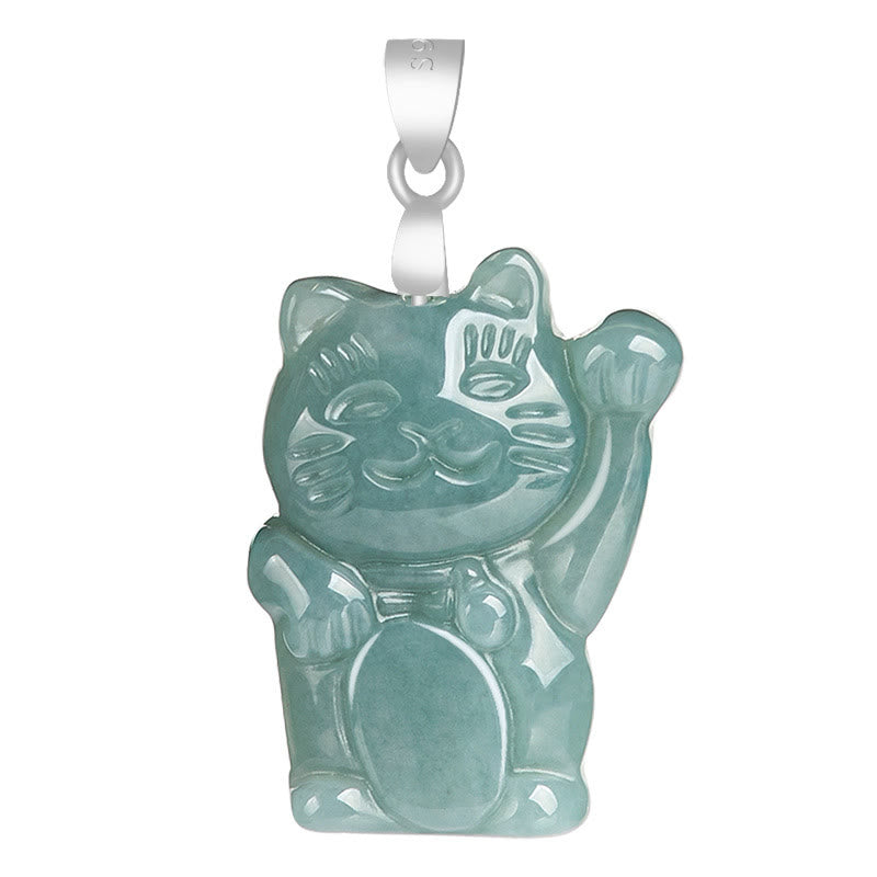 Fortune Jewel Natural Jade Lucky Cat Abundance Titanium Steel Necklace Pendant