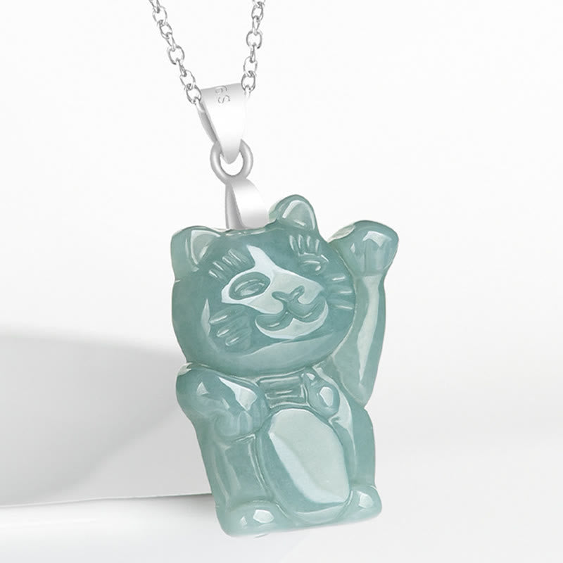 Fortune Jewel Natural Jade Lucky Cat Abundance Titanium Steel Necklace Pendant