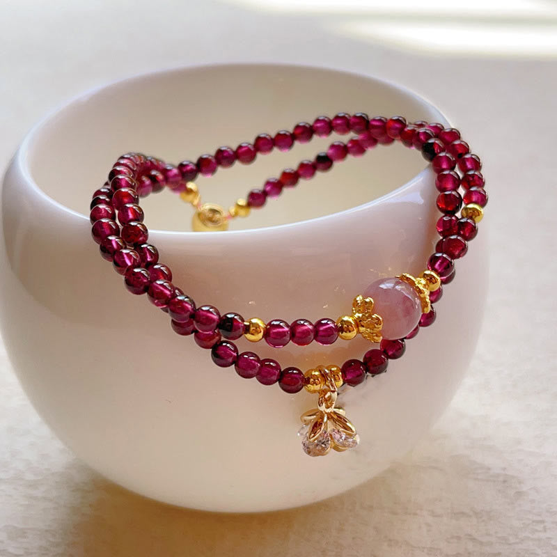 Fortune Jewel Natural Flower Garnet Pink Crystal Calm Double Wrap Bracelet