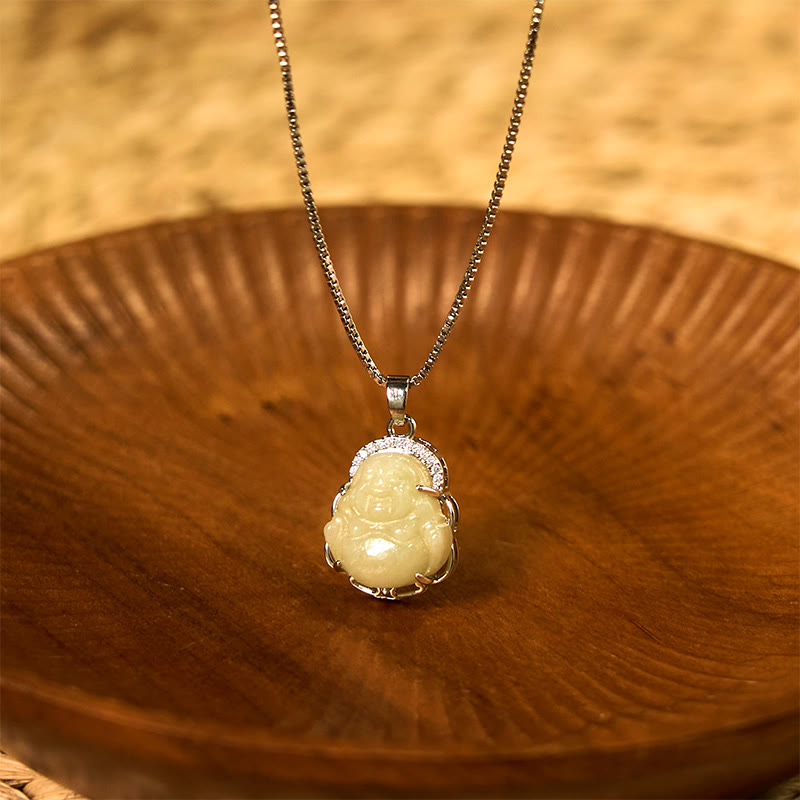 Fortune Jewel Natural Hetian Jade Laughing Buddha Abundance Necklace Pendant Fortune Jewel