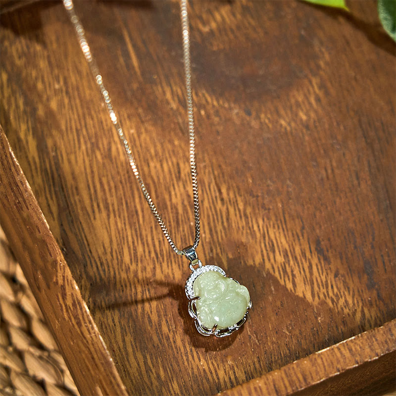 Fortune Jewel Natural Hetian Jade Laughing Buddha Abundance Necklace Pendant Fortune Jewel