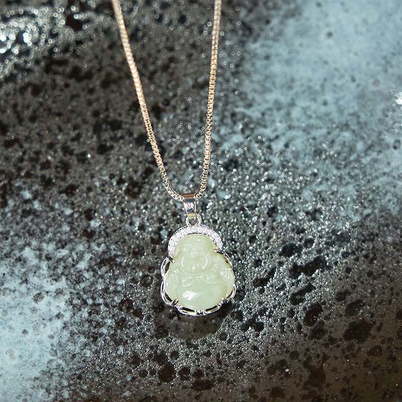Fortune Jewel Natural Hetian Jade Laughing Buddha Abundance Necklace Pendant Fortune Jewel