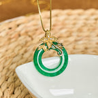 Fortune Jewel Cyan Jade Peace Buckle Alloy Flower Healing Luck Necklace Pendant