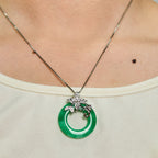 Fortune Jewel Cyan Jade Peace Buckle Alloy Flower Healing Luck Necklace Pendant