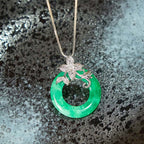 Fortune Jewel Cyan Jade Peace Buckle Alloy Flower Healing Luck Necklace Pendant