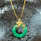 Fortune Jewel Cyan Jade Peace Buckle Alloy Flower Healing Luck Necklace Pendant