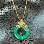 Fortune Jewel Cyan Jade Peace Buckle Alloy Flower Healing Luck Necklace Pendant