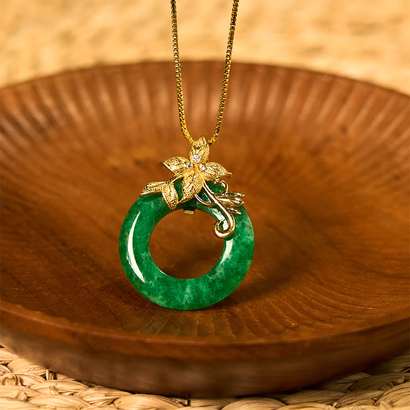 Fortune Jewel Cyan Jade Peace Buckle Alloy Flower Healing Luck Necklace Pendant