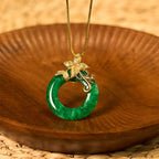 Fortune Jewel Cyan Jade Peace Buckle Alloy Flower Healing Luck Necklace Pendant