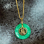 Fortune Jewel Cyan Jade Fu Character Peace Buckle Healing Luck Necklace Pendant