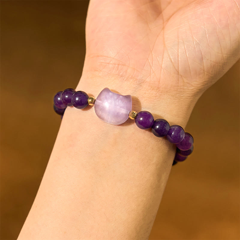 Fortune Jewel Amethyst Green Aventurine Rose Quartz Fluorite Cat Head Balance Luck Bracelet