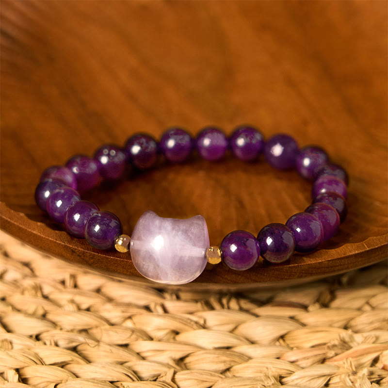 Fortune Jewel Amethyst Green Aventurine Rose Quartz Fluorite Cat Head Balance Luck Bracelet