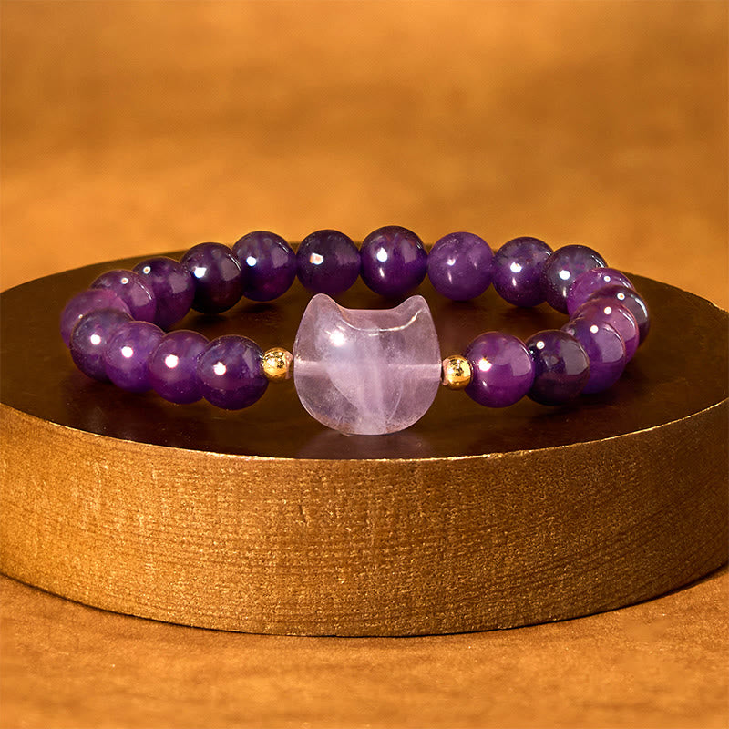 Fortune Jewel Amethyst Green Aventurine Rose Quartz Fluorite Cat Head Balance Luck Bracelet