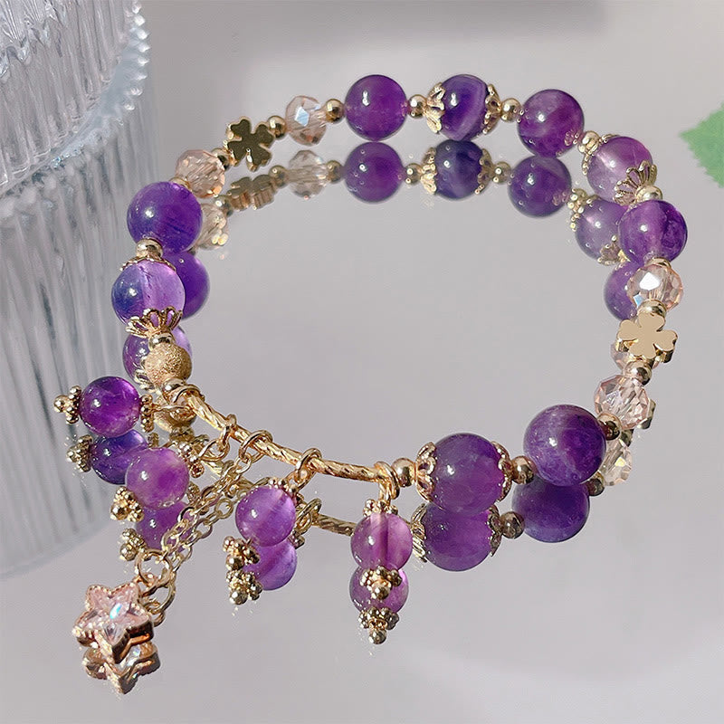Fortune Jewel Natural Amethyst Four Leaf Clover Star Peace Bracelet