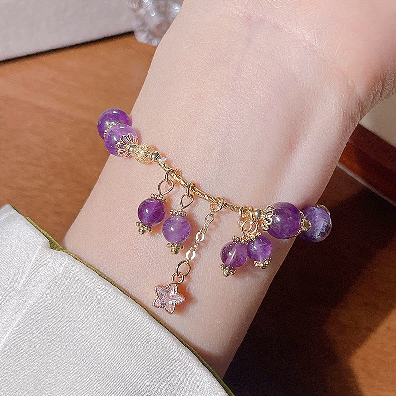 Fortune Jewel Natural Amethyst Four Leaf Clover Star Peace Bracelet