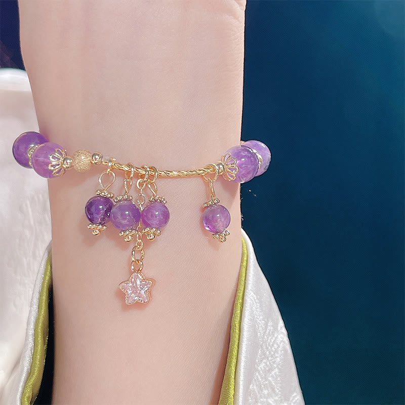 Fortune Jewel Natural Amethyst Four Leaf Clover Star Peace Bracelet