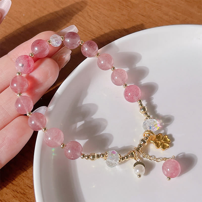 Fortune Jewel Natural Strawberry Quartz Four Leaf Clover Healing Bracelet