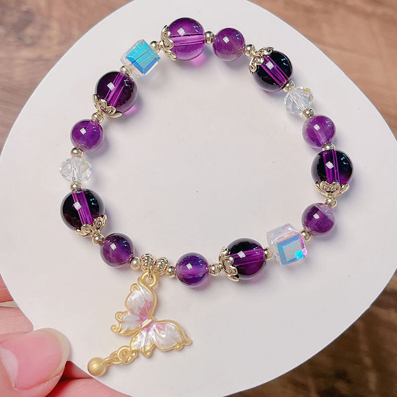 Fortune Jewel Natural Amethyst Sun Stone Butterfly Peace Bracelet