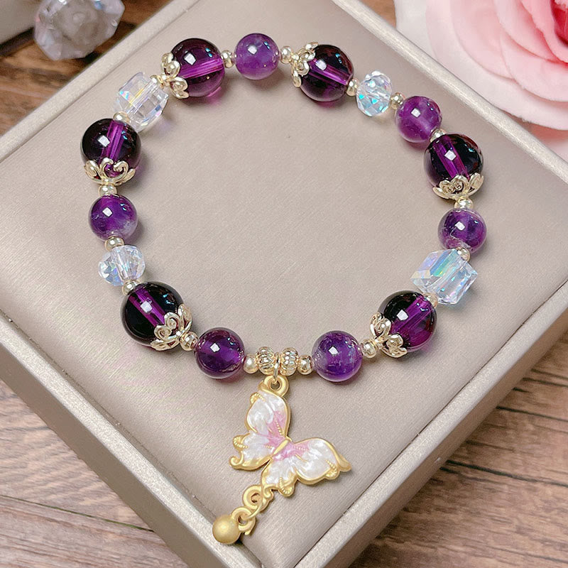 Fortune Jewel Natural Amethyst Sun Stone Butterfly Peace Bracelet