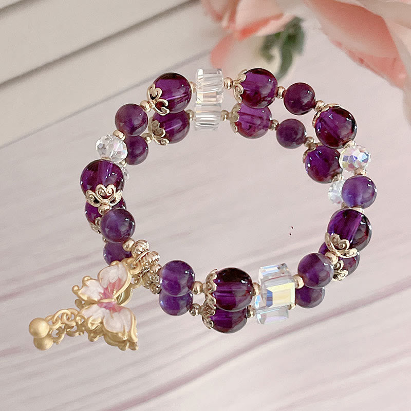 Fortune Jewel Natural Amethyst Sun Stone Butterfly Peace Bracelet